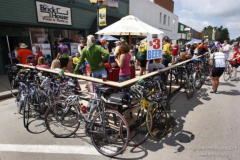 Bikes line the outside area of the Brick House Pizza & Pasta Co., as RAGBRAI arrived in Indianola, Tuesday, July 21, 2009. (John Gaps III/The Register)